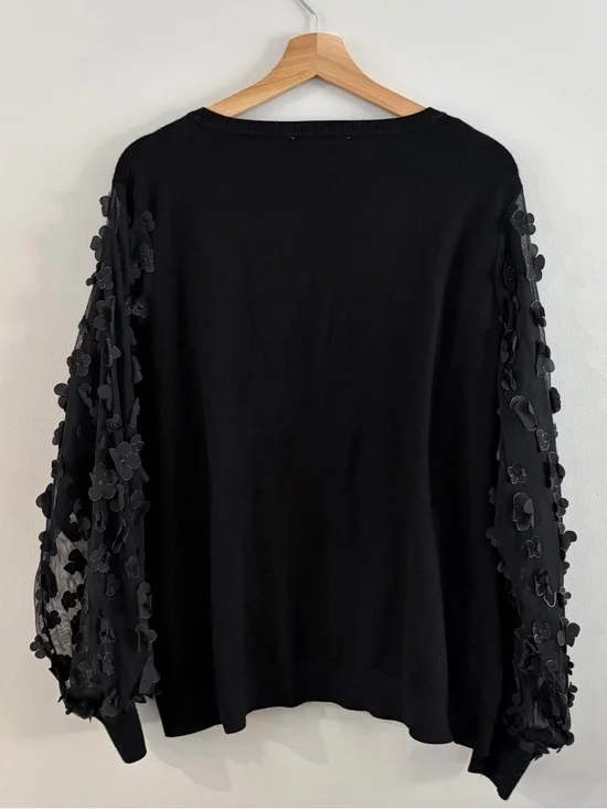 Sioni Black Sweater with 3D Floral Sleeve Details - Picture 3 of 3